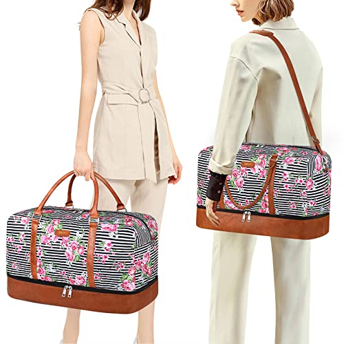IBFUN Weekender Bags for Women, 21" Travel Duffle Bag with Shoe Compartment - color: B5-Black Stripe