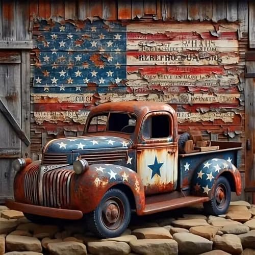 CHWGLFGG 5D Truck Diamond Art Kits for Adults Beginners 13.7x13.7inch | American Flag Diamond Painting Kit, DIY Full Round Drill Paint by Diamonds Dot Gem Art for Adult, Home Wall Decor - color: JK452-A