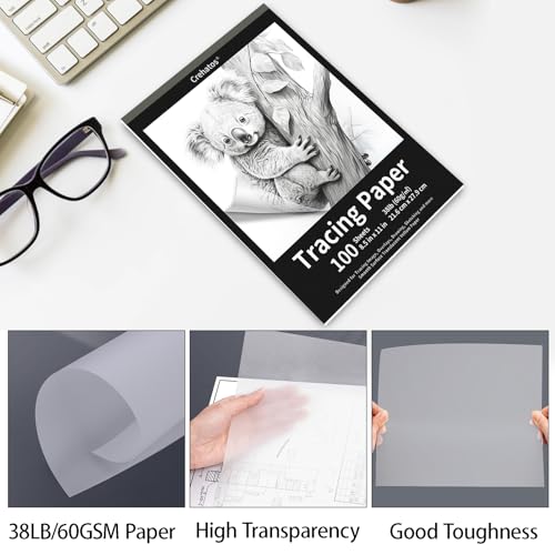 Crehatos 8.5" x 11" Tracing Paper, Translucent Tracing Pad, 100 Sheets 38lb/60gsm Vellum Art Paper | 38lb/60gsm Vellum Art Paper for Drawing, Sketching, Overlays - size: 8.5" x 11" (100 Sheet)