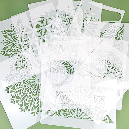 12 Sacred Geometry Stencils - Hamsa Hand, Torus, Om, Lotus, Moon, Mandala, Zen, Flower of Life, Yoga, Spiritual, Meditation Templates for Painting on Wood, Fabric, Walls - 8.3"x11.7"