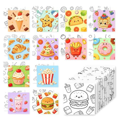 12 Packs Food-Themed Pre Drawn Canvas to Paint, Pre Printed Canvas for Painting, Pre Stretched Canvas Outline Painting Boards for Beginners, Students, Party Favors（4 * 4inch） - color: food