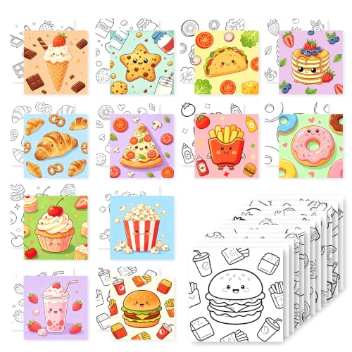 12 Packs Food-Themed Pre Drawn Canvas to Paint, Pre Printed Canvas for Painting, Pre Stretched Canvas Outline Painting Boards for Beginners, Students, Party Favors（4 * 4inch） - color: food