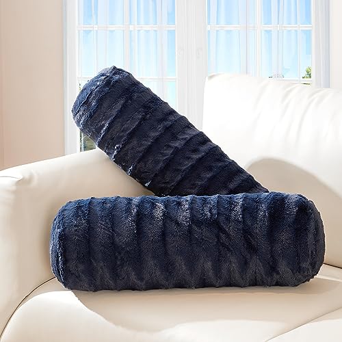 Cheer Collection Faux Fur Bolster Pillows – Soft Decorative Cylinder Pillows for Bed or Couch, Machine Washable – 8” x 24”, Set of 2, Blue - color: Blue