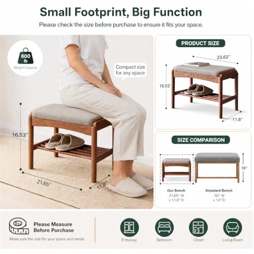 Solid Wood Shoe Bench, 24 Inch Entryway Bench with Gray Cushion - color: Walnut + Gray Cushion, size: 23.62"