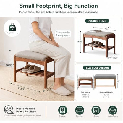Solid Wood Shoe Bench, 24 Inch Entryway Bench with Gray Cushion - color: Walnut + Gray Cushion, size: 23.62"
