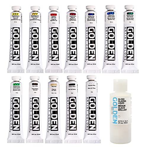 GOLDEN Heavy Body Acrylics Mixing Set, 12 x 22 ml Tubes + Glazing Liquid | Mix an extensive range with this limited palette of smooth, thick, richly pigmented artist grade colors.