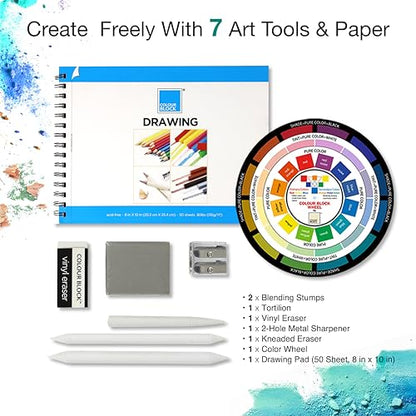 COLOUR BLOCK 91-Piece Sketching & Drawing Art Set with Colored, Metallic, Charcoal, Pastel Pencils, Soft Pastels, Charcoal & Graphite Sticks, Sketchbook, Tools — Travel-Friendly Case for Teens, Adults