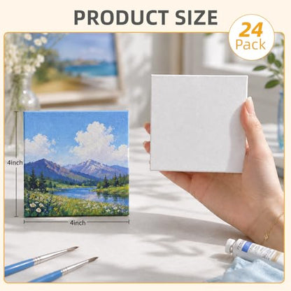 CONDA 24 Pack 4x4 Inch Mini Blank Canvas for Painting, 100% Cotton Canvas with Pinewood Frame, Acid-Free Primed Mini Square Canvas for Acrylic Oil Painting, Classroom Art & Party Decor - size: 4"x4"