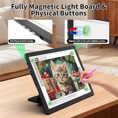 LEACUBER Rechargeable A4 Light Pad with Stand & Bag, Super Bright Magnetic Tracing Light Box with Side Buttons, Diamond Art Light Board for Diamond Painting, LED Light Table for Sketching, Drawing - size: A4 with Carry Bag