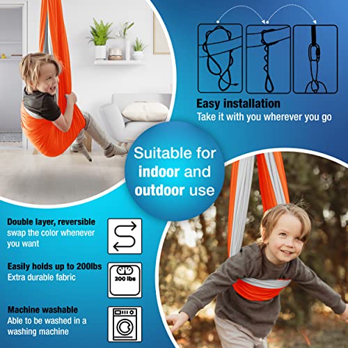 MINGLEWOOD Sensory Swing Bundle – 360° Swivel Hanger – Complete Set for Children – Special Needs: Anxiety, ADHD, Autism & Sensory Disorders - color: Orange/Gray