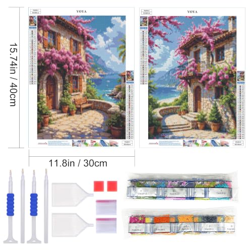 YOYA 2 Pack 5D Landscape Diamond Art Kits for Adults 12x16 Inch | Full Drill Diamond Painting Kits, Flower House Theme, Round Drill, HD Canvas, Fun, Relax, Gem Art for Home Wall Decor, Gifts - color: Flower House 039