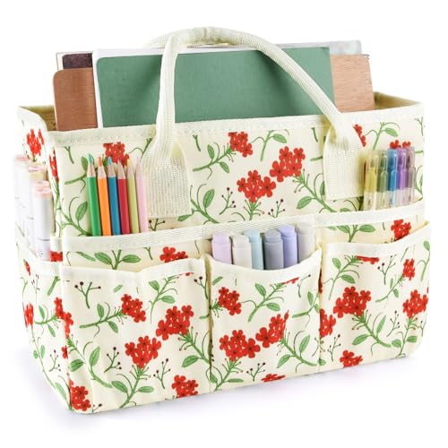 Craft Organizer Tote Bag with Multiple Pockets,Scrapbooking Art Storage | Portable Travel Containers for Caddy,Art and Craft Sewing Bag,Daily Use and Office Supplies Storage.Red Flower - color: Red Flower
