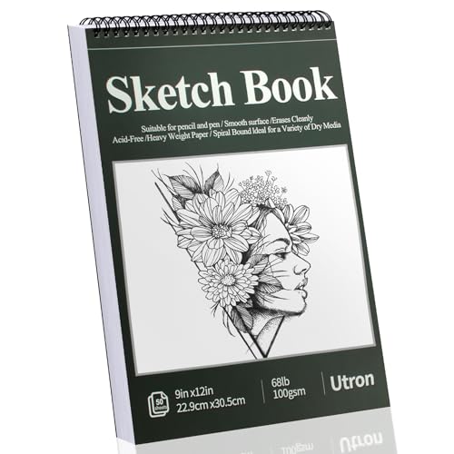 Utron 9"x12" Sketchbook Drawing, Top Spiral Sketching Pad, 100GSM/68LB Acid Free Art Sketching Pad, Drawing Paper, Beginner Artist (50 Sheets, White) - size: 1 Pack | 9" x 12"