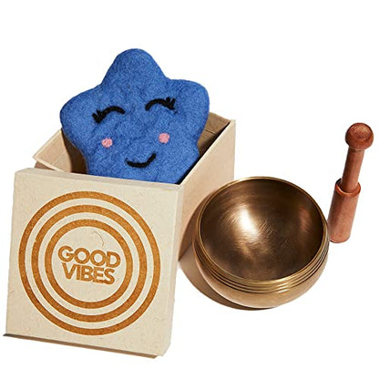 Ohm Store Pure Bronze Tibetan Singing Bowl Set — Children's Musical Percussion Instrument for Meditation and Mindfulness Practices — Little Ohmies Skye Character Pillow and Bronze Sound Bowl - style: Skye