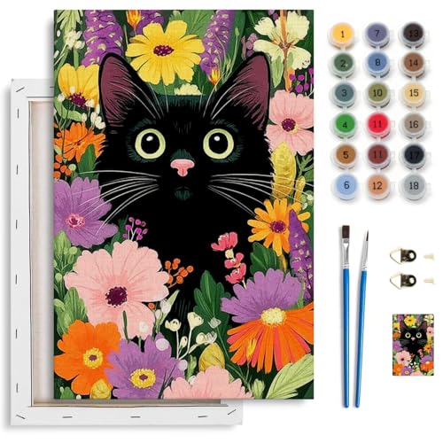Spandrel Cat Framed Paint by Numbers Kit for Adult, Flowers Adult Paint by Number Kits on Canvas, DIY Acrylic Oil Easy Animals Painting by Numbers for Home Wall Decor, 8x12in - color: Cat, Flower