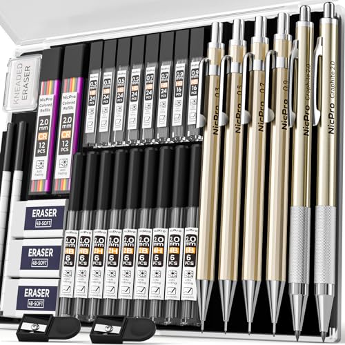 Nicpro 34PCS Art Mechanical Pencil Set, Metal Drafting Pencil 0.3 mm & 0.5 mm & 0.7 mm & 0.9 mm & 2PCS 2mm Lead Holder (6B 4B 2B HB 2H 4H Colors) For Sketching Drawing With 19 Tube Lead Refills Case - color: Champagne 34