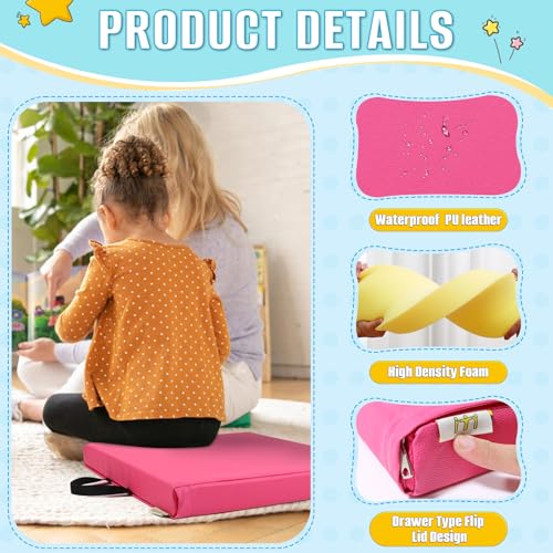 8 PCS 16 Inch Square Floor Pillows with Handles | Waterproof Synthetic Leather Flexible Seating Cushions | 16''x16''x2'' Thick Floor Cushions for Classroom, Home, Yoga & Meditation - color: Yellow, Red (Maroon), Light Pink, Sky Blue, Bright Pink (Fuchsia)