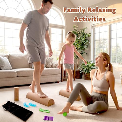 Balance Board for Ankle Stability Training, Cork Wobble Board Set with Foot Massage Roller and Resistance Band for Home Office Gym, Exercise Equipment for Physical Therapy and Yoga