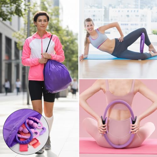 Pilates Essentials Kit for Women, 14 Pcs Pilates Equipment for Home Workouts with Yoga Circle Ball Ring, 5 Resistance Bands,Pedal Puller Resistance Band - color: Purple