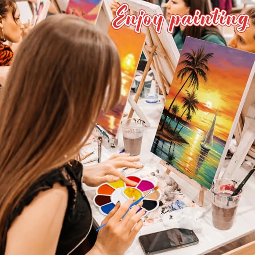 Motipuns 72 Pcs Paint and Sip Kit for Adults 12 Set 8''x10'' Pre Drawn Canvas for Painting with Easels Apron Brushes Palette Printed Canvas Bulk for DIY Birthday Gifts Date Night Party(Seaside Sunset) - style: Seaside Sunset