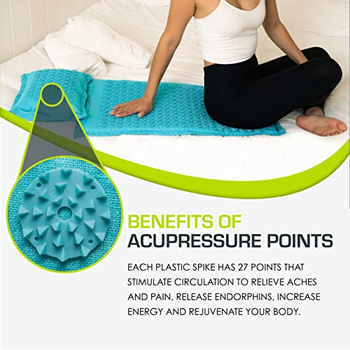 ProsourceFit Ki Acupressure Mat and Pillow Set with 100% Natural Linen for Back/Neck Pain Relief and Muscle Relaxation - color: Bahama Blue