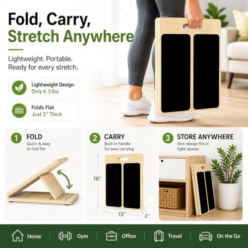 MUCITAGF Portable Wooden Slant Board, 13” Wide Calf Stretch Board, 4 Angles | Adjustable Incline Board, Non-Slip, Ideal for Plantar Fasciitis Relief, Stretching & Squats, Beginner & Rehab Friendly