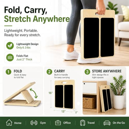 MUCITAGF Portable Wooden Slant Board, 13” Wide Calf Stretch Board, 4 Angles | Adjustable Incline Board, Non-Slip, Ideal for Plantar Fasciitis Relief, Stretching & Squats, Beginner & Rehab Friendly