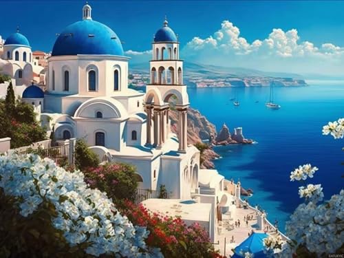 Diamond Painting Romantic Island Diamond Painting Kits for Adults, Full Round Diamond Blue Castle DIY Landscape Art Room Decor Dining Room Decor for Romantic Gifts Valentine's Day Surprise 30x40cm