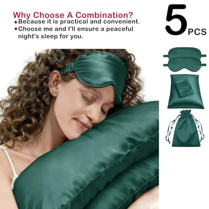 5Pcs Silky Sleep Mask Eye Masks Breathable Soft Satin Pillowcases Set for Sleeping Similar to Silk Pillowcase Travel Gift - color: Peacock Green-queen Size