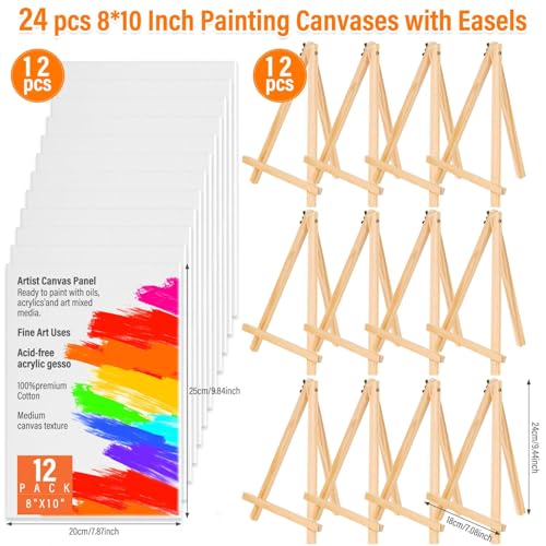 Canvas Painting Party Kit for Adults, 24 Pack 8 x 10 Inch Canvas Boards and Wooden Easels Stands for Group Painting Sip and Paint Night - style: Canvas and Easel 24