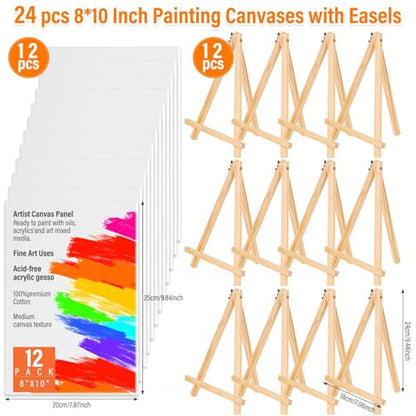 Canvas Painting Party Kit for Adults, 24 Pack 8 x 10 Inch Canvas Boards and Wooden Easels Stands for Group Painting Sip and Paint Night - style: Canvas and Easel 24