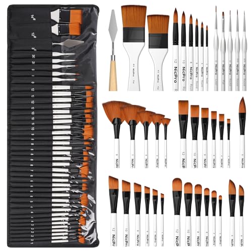 Nicpro 40 PCS Paint Brush Set, Professional Acrylic Paint Brushes | Suitable for Acrylic Painting, Oil, Watercolor, Gouache, Includes Palette Knife & Canvas Roll, Painting Supplies for Artist - color: White, size: 40 Pieces