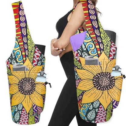 Yoga Mat Bag - Large Opening Long Tote Yoga Mat Carrier Holder Bag with Waterproof Wet Zipper Pocket and Drawstring Water Bottle Pocket - Yoga Bag Fit Most Size Mats - color: Sunflower