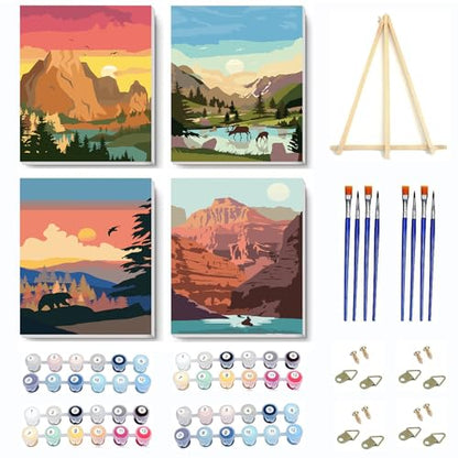 4 Pack Paint by Numbers Kit for Adults Framed Canvas with Wooden Easel | Adults' Paint-By-Number Kits National Park Mountain DIY Acrylic Landscape Oil Painting Arts Crafts 7.8x11.8inch - color: 4 Pack 20X30in-9, size: 8x12in with Framed - with Wooden Ease