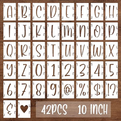 BAMIDELE 10 Inch Alphabet Letter Stencils, 42 Pcs Reusable Plastic Letters Numbers Symbol Interlocking Drawing Template Kit for Painting on Wood, Fabric, Rock, Chalkboard, Door Porch, Wall, Signage - size: 10 Inch