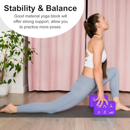 2 Yoga Block and 2 Yoga Strap Set,Non-slip EVA Foam Blocks, High Density Yoga Bricks with 6ft Strap, Supportive Latex-Free Yoga Block Accessories for Pilates - color: Purple