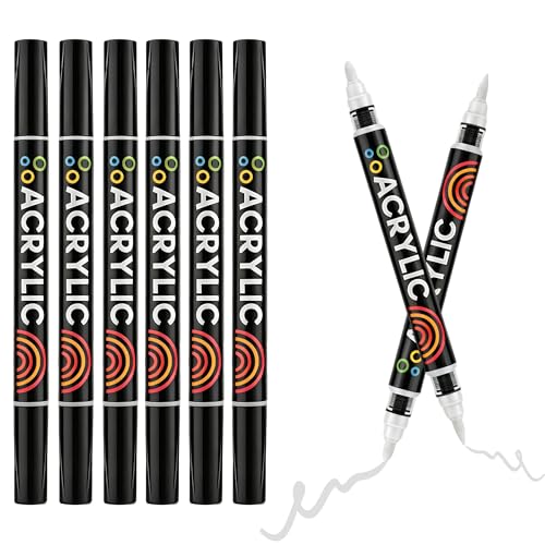 White Dual Tips Acrylic Paint Markers - Fine Tip and Brush Tip Acrylic Paint Pens for Stone,Paper,Wood,Glass,Fabric Paint,DIY Crafts (6, White) - color: White
