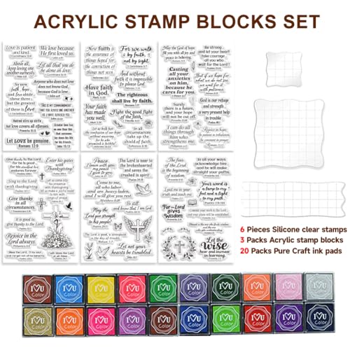 6Pcs Christian Bible Verse Clear Stamps for Card Making Easter Blessing 20 Craft Ink Pad 3 Acrylic Stamp Block Silicone Stamp with Greeting Words Rubber Stamps for Crafting DIY Scrapbooking - style: 29Pcs Biblical Blessings Clear Stamps