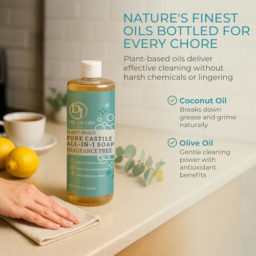 Dr. Jacobs Naturals Fragrance Free Castile All-in-One Cleaner and Soap - Plant-Based Formula for House Cleaning Floors and Appliances - Gentle on Skin and the Planet - 32 oz, 2 Pack - size: 32 Fl Oz (Pack of 2), style: Unscented