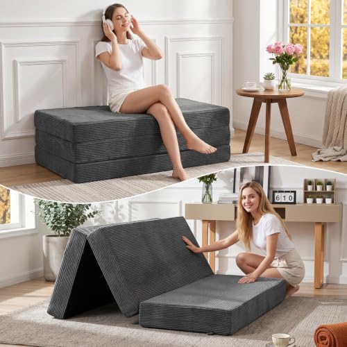 6 Inch Tri Fold Memory Foam Mattress Full Size, Foldable Futon Mattress Topper with Removable Washable Cover, Portable Floor Sofa Bed Guest Mat with Carry Handles & Non-Slip Bottom for Camping - color: Grey, size: Full