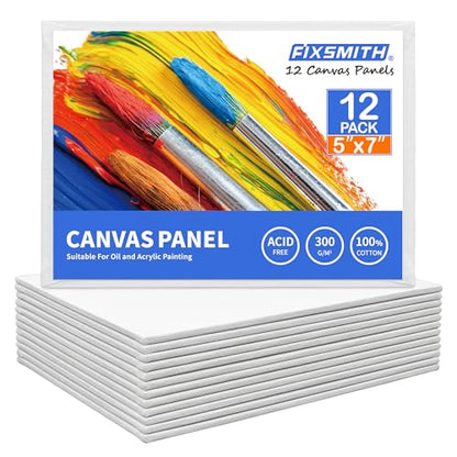 FIXSMITH Canvas Boards for Painting 5x7 Inch, Super Value 12 Pack White Blank Canvas Panels, 100% Cotton Primed, Painting Art Supplies for Professionals, Hobby Painters, Students & Kids - size: 5"×7"