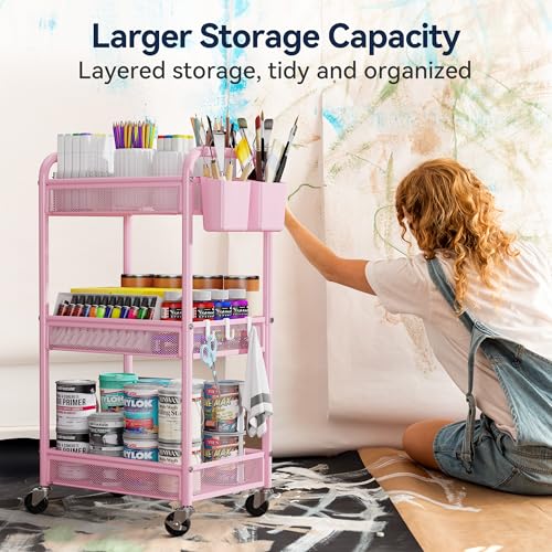 YASONIC 3 Tier Metal Rolling Cart, Pink Utility Storage Cart with Wheels - color: Pink, size: 3-tier