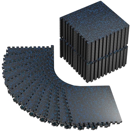 PRAISUN 0.6" Thicker Rubber Top 144 Sq Ft Gym Flooring for Home Gym | 36 Pcs Workout Mat, Exercise Mat, Interlocking Rubber Floor Mats with High Density EVA Foam for Garage, 24 x 24in, Black/Blue - size: 36 Tiles (144 Sq Ft)