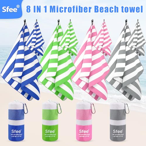 Sfee 4 Pack(8Pcs) Microfiber Travel Towel, Beach Towel Quick Dry Towel Camping Towel Super Absorbent Compact Lightweight Sports Gym Towels for Beach, Gym, Hiking, Pool, Backpacking, Bath, Yoga - color: Dark Blue+green+pink+grey, size: L 60"x30"+24"x15"