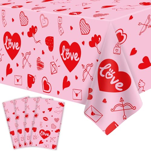 4 Pack Valentine's Day Tablecloth Valentine Love Heart Tablecloth Valentines Day Party Decoration Love Heart Table Cover Valentines Day Wedding Anniversary Birthday Decor 86 x 51 Inch - color: Pink&red