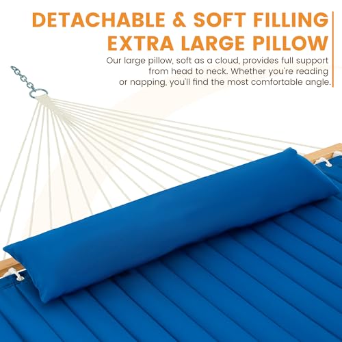 Lazy Daze 12 FT Double Hammock with Spreader Bar for Outside, Bright Blue | 2 Person Heavy Duty Hammock with Detachable Pillow and Carabiners for Outdoor Backyard Poolside, 450lbs Weight Capacity - color: Bright Blue