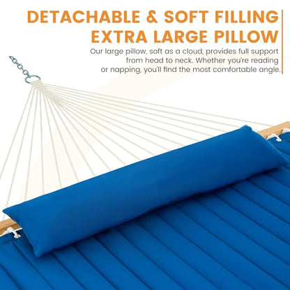 Lazy Daze 12 FT Double Hammock with Spreader Bar for Outside, Bright Blue | 2 Person Heavy Duty Hammock with Detachable Pillow and Carabiners for Outdoor Backyard Poolside, 450lbs Weight Capacity - color: Bright Blue