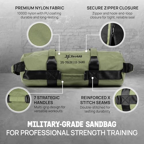 Yes4All Sandbags for Working Out, Adjustable Sand Bags for Weight Training with Handles, Multiple Colors & Sizes 5-200lbs - color: B. Army Green - M (25-75 Lbs)