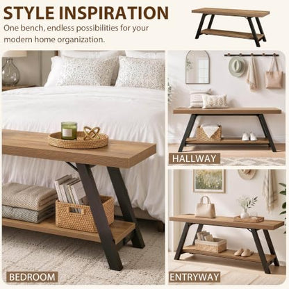 LVB Entryway Bench with Storage, Wood Bench for Entryway, 47 in - color: Rustic Oak