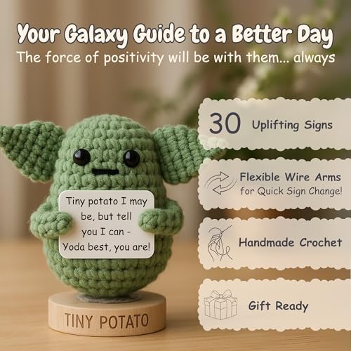 Star Wars Gifts | Handmade Baby Yoda Positive Crochet W/ 30 Fun Affirmations | Gift for Birthday, Emotional Support | Starwars Birthday Decorations for Men, Women | Star Wars Office Desk Decor - color: Baby Yoda